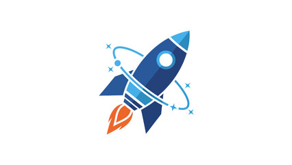 A stylized rocket design featuring a blue spacecraft with orange flames and orbiting stars, on a white background