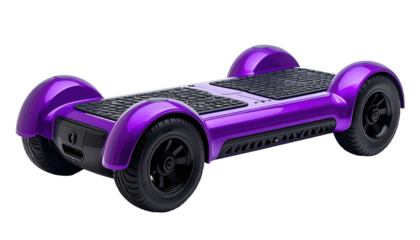 Sleek purple electric skateboard with black wheels, against a black backdrop, showcasing its futuristic design