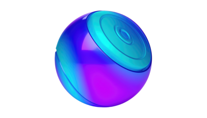 Glossy orb with blue, purple, and teal swirls, and a circular, segmented area