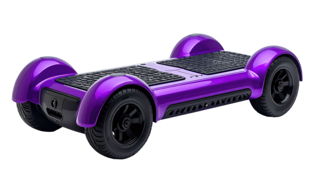 Sleek purple electric skateboard with black wheels, against a black backdrop, showcasing its futuristic design