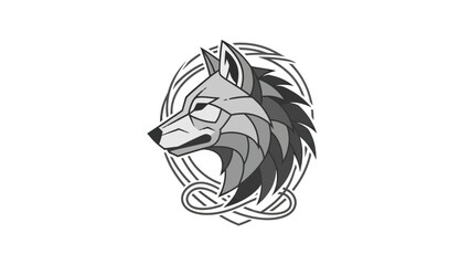 A grayscale illustration of a wolf's head in a stylized geometric design with circular frame