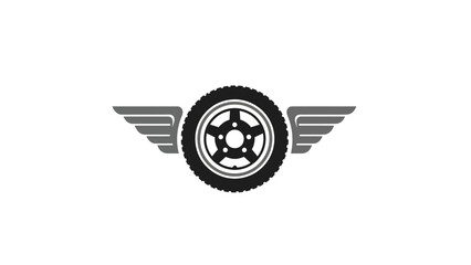 A tire graphic with wings extending from sides, centered on white background. Tire has central spokes
