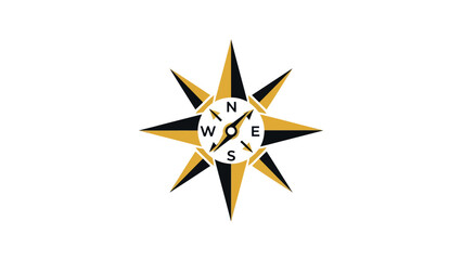 A compass rose graphic with black and gold shapes, featuring directional points, and a white background