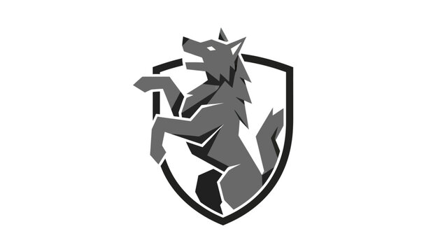 A grayscale geometric illustration of an animal within a shield, on white background