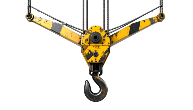 A weathered yellow crane hook with black stripes hangs against a black backdrop. Cables suspend the heavy-duty equipment - Powered by Adobe