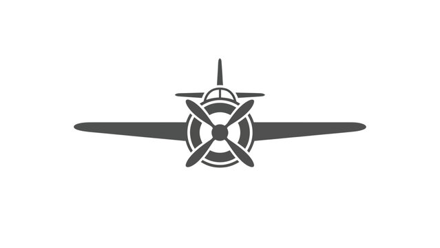 A stylized gray airplane with a propeller facing forward. Simple design on a plain white background