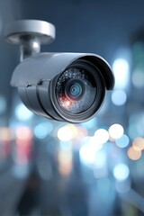 Close Up Security Camera With City Lights Background