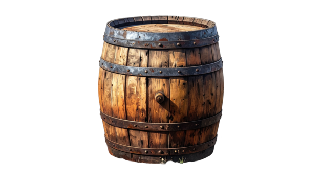 A weathered wooden barrel with metal bands stands against a black background, casting a subtle shadow
