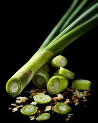 Close Up Sliced Green Onions On Black Background