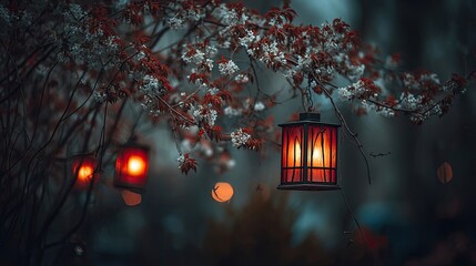 Hanging Lantern Illuminated In Garden