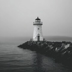 Monochrome Lighthouse On Misty Coast