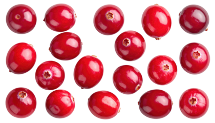 Cluster of round, shiny, red cranberries on a black background, showing variation in shape and surface texture