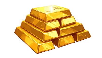 Cartoon illustration of a stack of gleaming gold bars, arranged in a pyramid, isolated on a transparent background