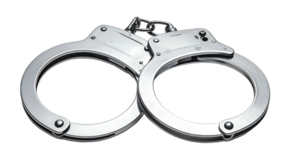 Shiny metal handcuffs with chain on dark background, partially open, revealing their circular structure