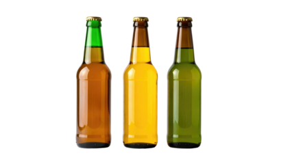 Three glass bottles filled with differently colored liquids stand against a stark black background