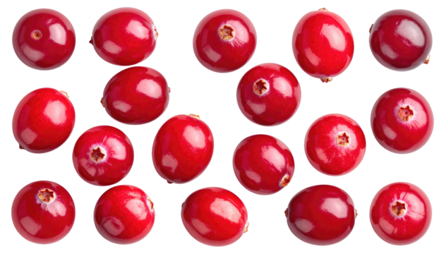 Cluster of round, shiny, red cranberries on a black background, showing variation in shape and surface texture