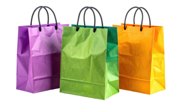 Three shopping bags purple, green, and orange, with black handles, on a black background