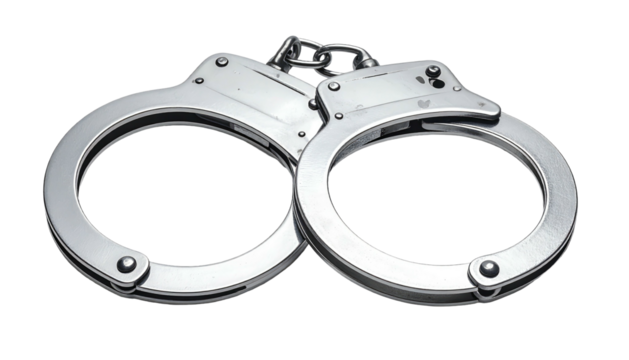 Shiny metal handcuffs with chain on dark background, partially open, revealing their circular structure