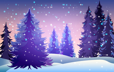 Fototapeta premium Snowflakes gently fall in a tranquil winter forest filled with tall evergreen trees. The colorful twilight sky creates a serene and magical atmosphere in the landscape
