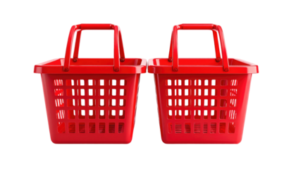 Two red plastic shopping baskets, side-by-side, facing the viewer, set against a completely black background