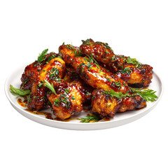 Fototapeta premium Delicious-looking chicken wings glistening on a white plate with green herb garnish against a transparent background