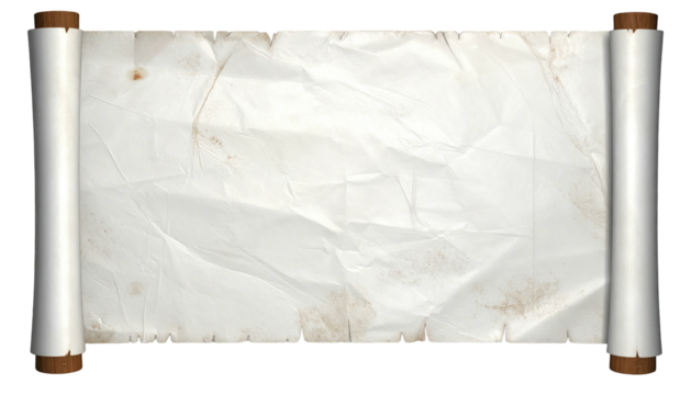 A wrinkled, off-white parchment scroll with wooden rollers on a black background
