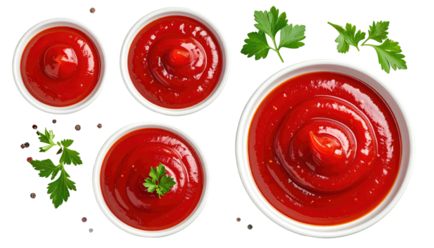 Bowls of red sauce and parsley sprigs against a black background, shot from an overhead perspective