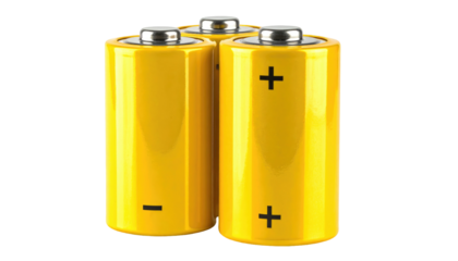Group of three cylindrical yellow batteries with metallic tops, plus/minus signs, against a dark background