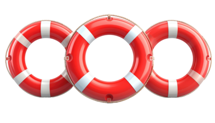 Three red life preservers with white stripes lined against a black background, buoyant and ready for an emergency