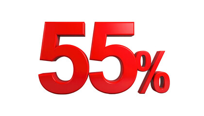 Glossy red "55%" isolated on black. Offers, discounts, or rates presented in a bold 3D style