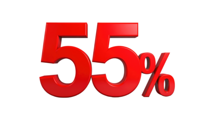 Glossy red "55%" isolated on black. Offers, discounts, or rates presented in a bold 3D style