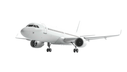 Sleek white airplane soaring in clear sky, wings extended. Modern aviation, travel transportation on black backdrop