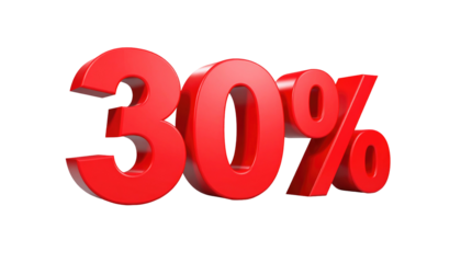Red 3D "30%" isolated on black. Angular rendering. Smooth, glossy surface. Bright, eye-catching promo display