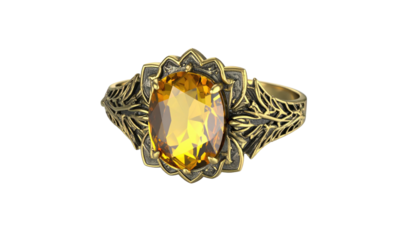 An ornate gold ring featuring a large oval yellow gemstone, set against a black background