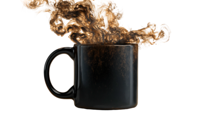 Dark mug spurting a coffee-colored substance upwards, isolated on black