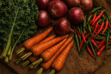 East African vegetable market display — kale, onions, carrots, and chili peppers