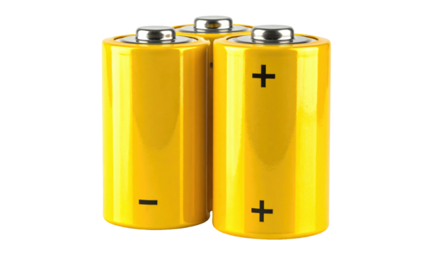 Group of three cylindrical yellow batteries with metallic tops, plus/minus signs, against a dark background