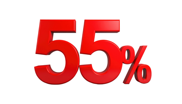 Glossy red "55%" isolated on black. Offers, discounts, or rates presented in a bold 3D style