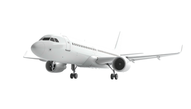 Sleek white airplane soaring in clear sky, wings extended. Modern aviation, travel transportation on black backdrop