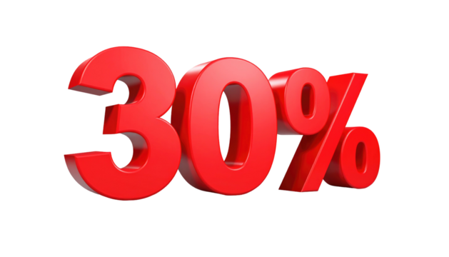 Red 3D "30%" isolated on black. Angular rendering. Smooth, glossy surface. Bright, eye-catching promo display