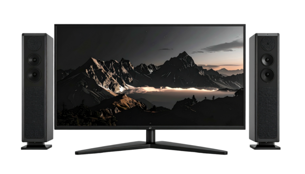 Central monitor showing a mountain scene with speakers flanking it on a black background