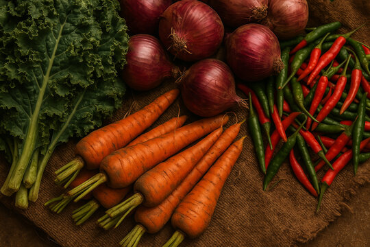 East African vegetable market display — kale, onions, carrots, and chili peppers - Powered by Adobe