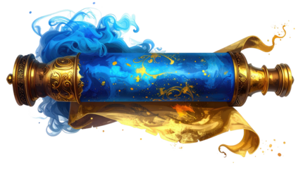 Ornate scroll with blue sky, stars, and cloud effects, with gold accents and ribbons