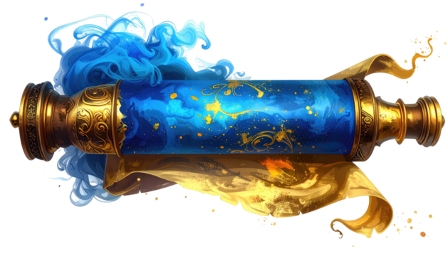 Ornate scroll with blue sky, stars, and cloud effects, with gold accents and ribbons