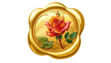 An orange rose on a gold wax seal with leaf sprigs sits against a black background