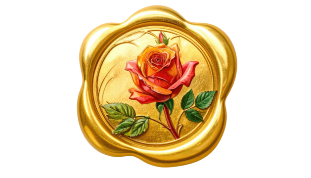 An orange rose on a gold wax seal with leaf sprigs sits against a black background