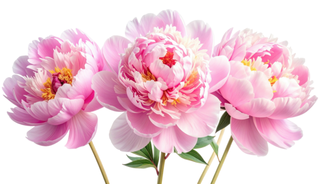 Trio of pink peonies with yellow centers on black background. Soft, delicate blooms