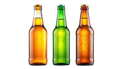 Three beer bottles (amber, green, amber) with condensation against a black background, all lit evenly