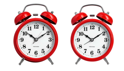 Two red twin-bell alarm clocks show a time around 1010 against a black background