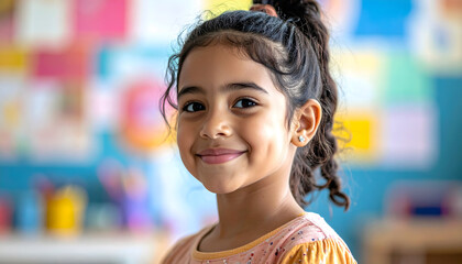 Child's Gentle Smile in the Classroom: A radiant young girl with a captivating smile beams with pure joy, her eyes sparkling with curiosity and innocence.